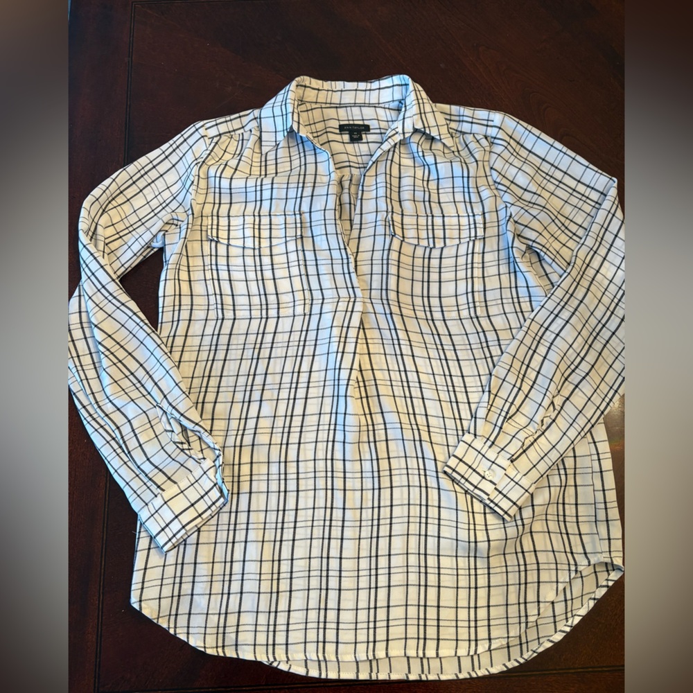 Ann Taylor Women's White and Black Check Blouse